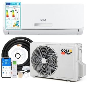 Climatiseur Fixe Mono-Split 9000BTU 2,6 kW Wifi R32 COSTWAY-16-32°C-Pompe à Chaleur--Kit 4M de Liaison Complet-Minuterie 24H-A++