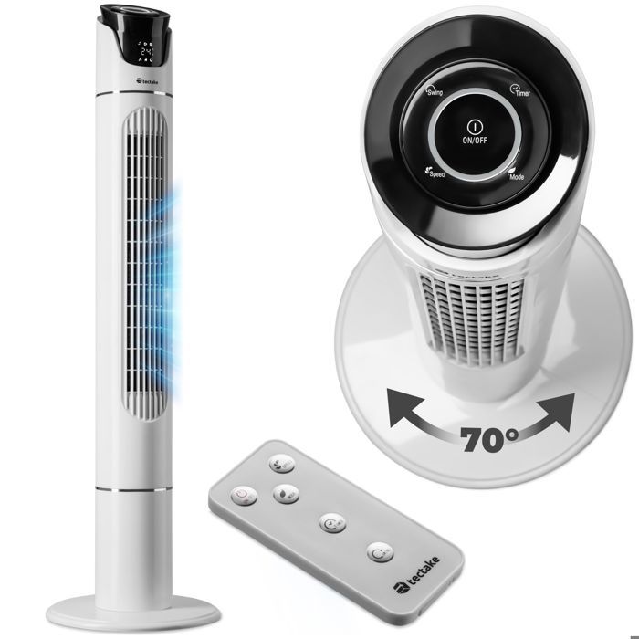 Ventilateur - TECTAKE - Ventilateur colonne en plastique ABS avec 3 modes et 3 vitesses, avec télécommande, Ø 31 x 110 cm - Blanc