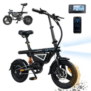 Vélo Électrique Pliable 14'' Urbain - App, 250W, 36V 12Ah, USB Charge Rapide, Pneus Anti-Crevaison, 3 Vitesses, 50km, 120KG, Noir